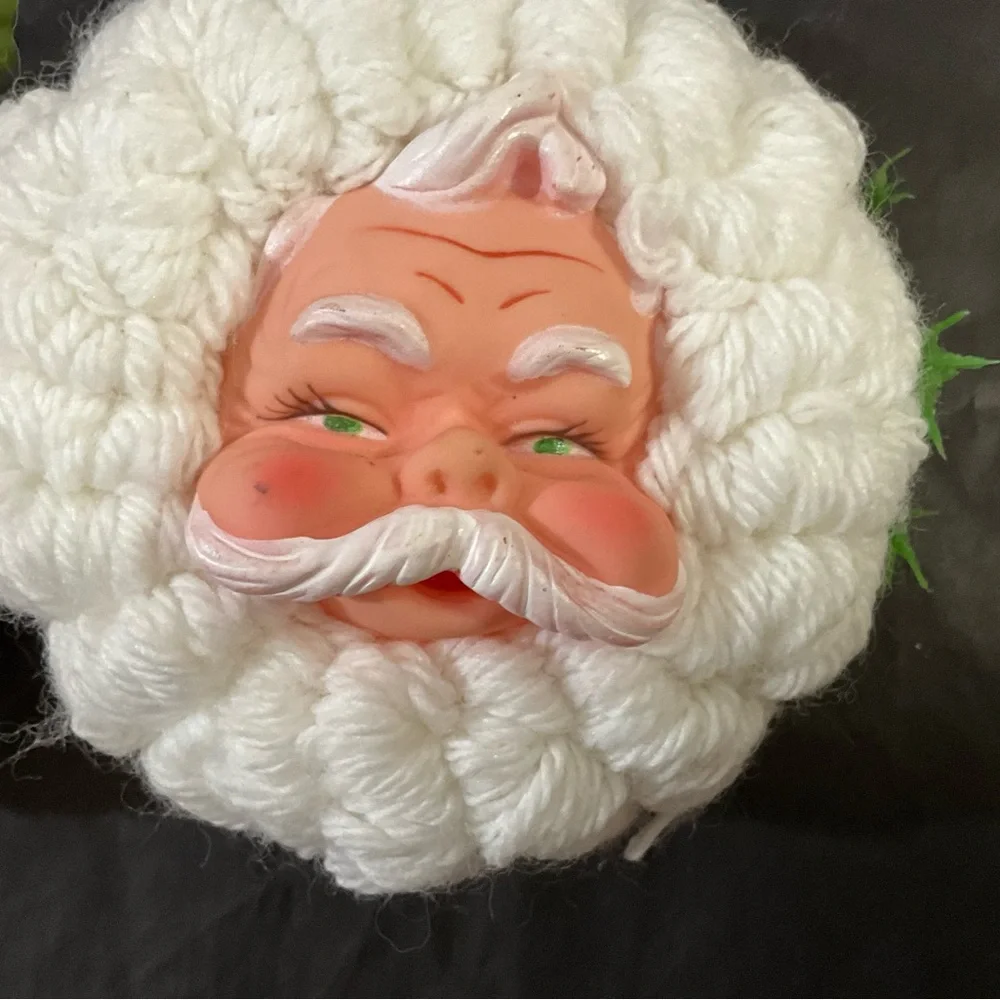 Vintage Set of 2 Handmade Santa and Mrs Claus Yarn Ornaments with Plastic Faces